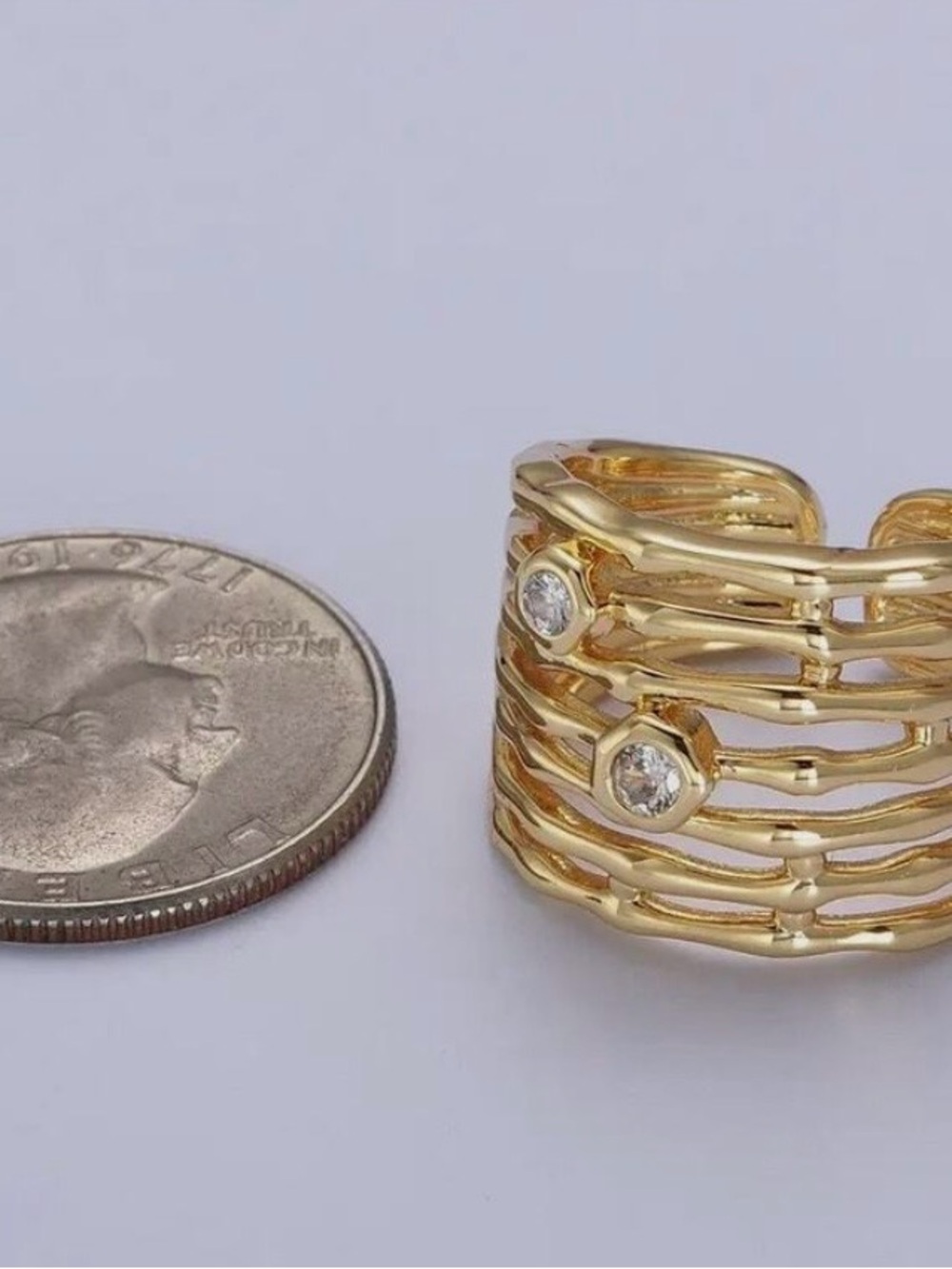 14K Gold Plated Wide Multiple Bamboo Geometric CZ Band Statement Ring Adjustable - Picture 5 of 5